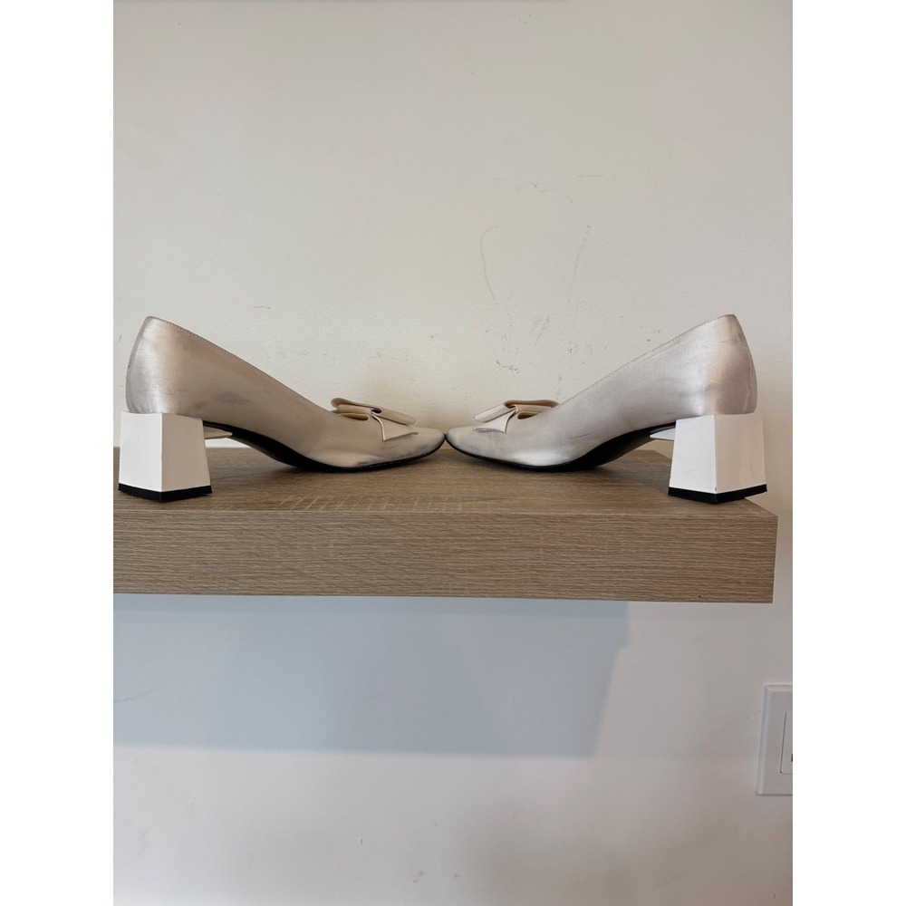 Vintage Giuseppe Zanotti Ivory Satin Square Toe Bow Block Heel Pumps Size 36.5 - Picture 9 of 16